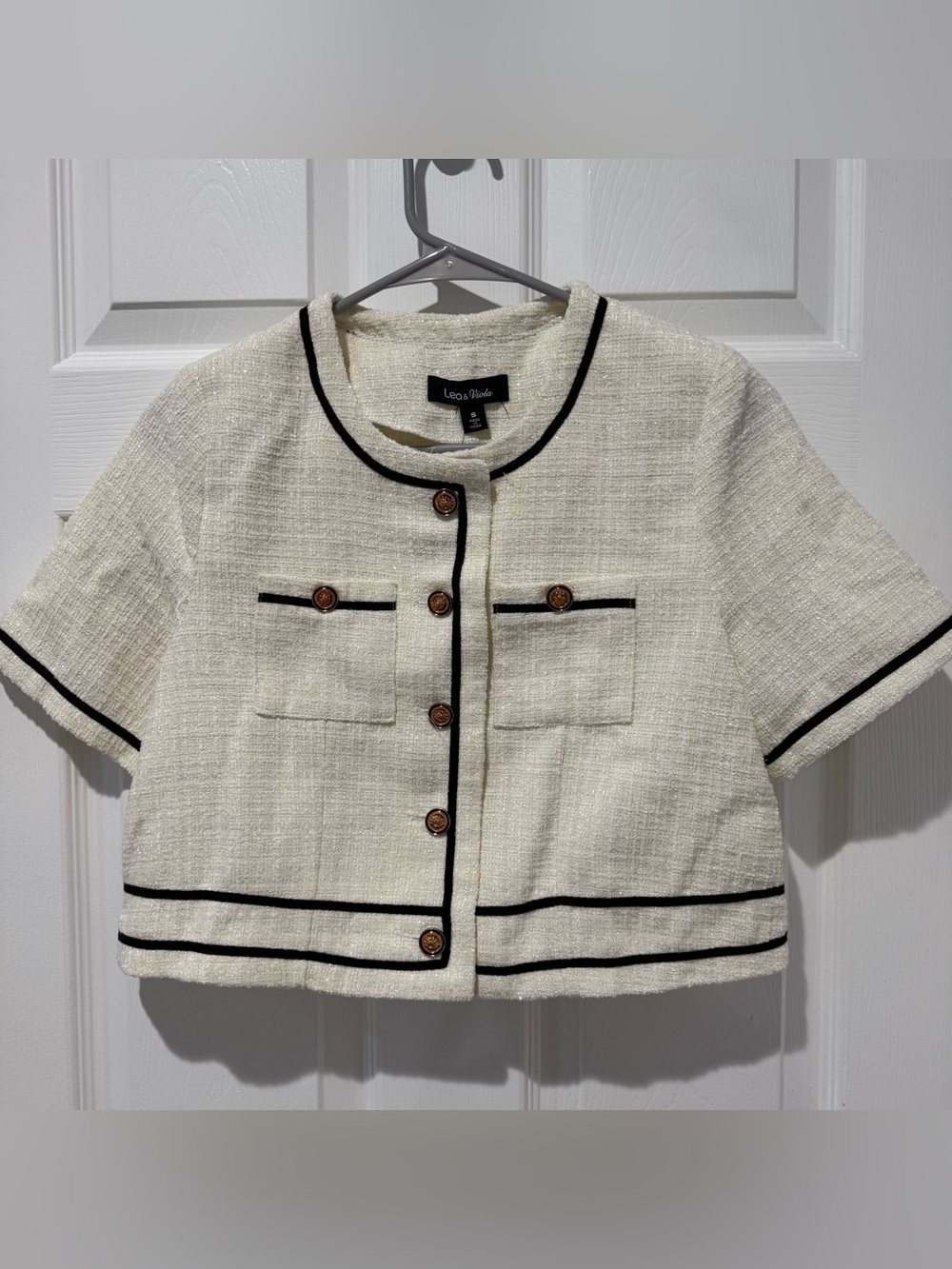 Lea & Viola Cream Tweed Cropped Jacket with Black Trim